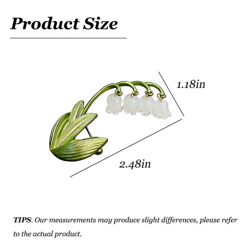Delicate Lily Of The Valley Brooch For Women Featuring Tiny Bell Shaped Petals Lightweight Floral Pin size 2.48x1.18 inches.