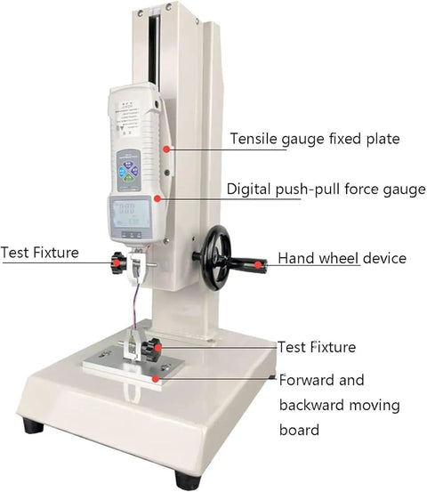 Manual Force Gauge Stand With Digital Force Gauge 300mm Stroke 1000N Capacity Tension And Compression Testing USB Data Output LCD Backlit Display Stores Up To 999 Peak Readings Great For Lab Or Workshop Use, with hand wheel