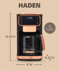 Heavy Duty 12 Cup Dual Brew Coffee Maker Built For Hot And Cold Brewing Keep Warm Plate Delay Timer And Adjustable Strength For Seriously Smooth Daily Sips In Sleek Black with measurement details.