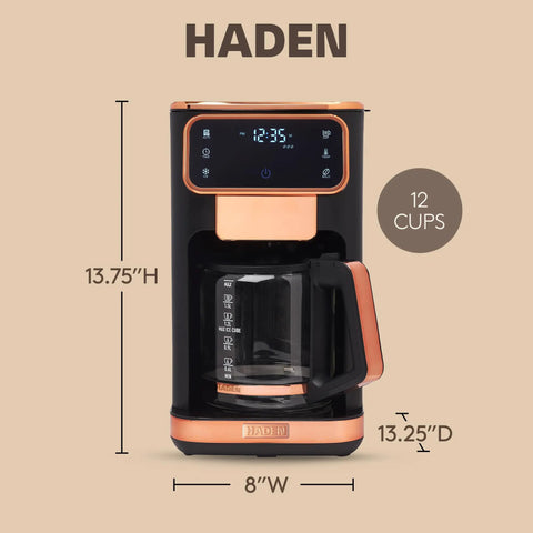 Heavy Duty 12 Cup Dual Brew Coffee Maker Built For Hot And Cold Brewing Keep Warm Plate Delay Timer And Adjustable Strength For Seriously Smooth Daily Sips In Sleek Black with measurement details.