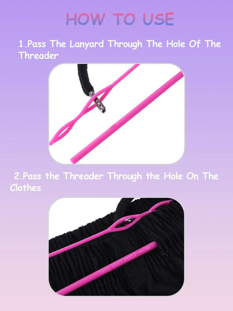 9Pcs Drawstring Threader Set Flexible Stainless Steel Bodkin Clip Loop Turner demonstrated threading pink cord through garment