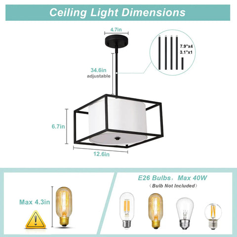 Dimensions and bulb specifications of Dope Modern Semi Flush Mount Ceiling Light With Fabric Drum Shade And Black Metal Frame