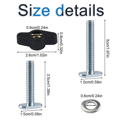 Wing Type T Slot Bolt Kit 10Pcs size details with measurements for table saw fence and clamp workbench jig woodworking hardware