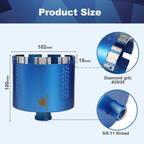 Diagram showing 4 Inch Laser Welded Diamond Core Drill Bit For Granite Marble And Concrete 5/8-11 Thread Dry Or Wet Drilling 102mm Hole Saw