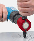 Double Head Sheet Metal Nibbler Cutter Drill Attachment With Wrench in use cutting metal sheet close-up
