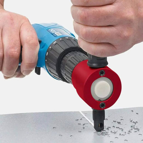 Double Head Sheet Metal Nibbler Cutter Drill Attachment With Wrench in use cutting metal sheet close-up