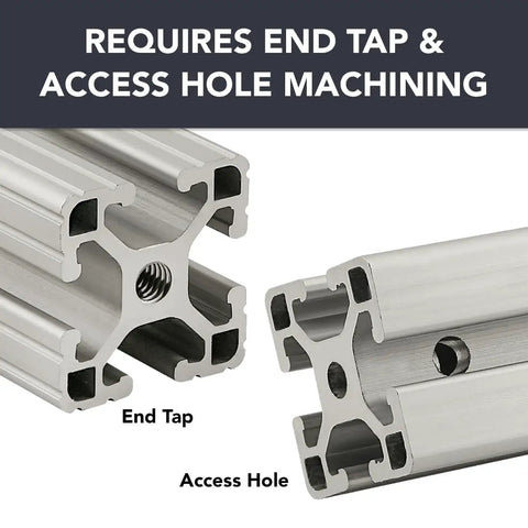 Hella Secure 5/16-18 Standard End Fastener Kit showing end tap and access hole machining details for T slot systems.
