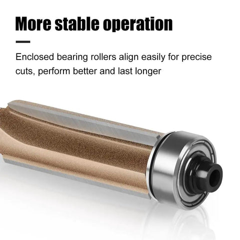 Close-up of a flush trim router bit from the Premium 4 Piece Flush Trim Router Bit Set With Quarter Inch Universal Shank And Solid Carbide Tips.