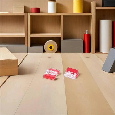 Peel And Stick Clear Acrylic Cabinet Hinges 80 Pack No Drill Install with red tops on wooden floor