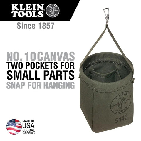 Canvas Tapered-Bottom Tool Bucket With Two Interior Pockets And Snap Clip Made From No 10 Canvas 8 Inch High And 6.5 Inch Diameter Pro Grade Gear Organizer For Handymen And DIY Pros shown in olive with strap and snap clip, Klein Tools branding visible.