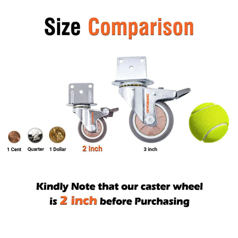 Size comparison of Heavy Duty 2 Inch Side Mount Caster Wheels With Brake next to coins, 3-inch caster, and tennis ball.