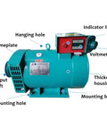 Built Tough 3KW 5KW Belt Pulley Generator Packs A Brushless Three Phase AC Synchronous Motor With Real Pure Copper Windings showing voltmeter, mounting holes, and nameplate.