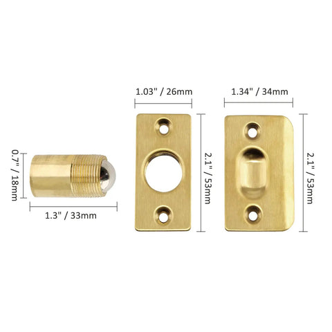 2 Pack 2-1/8 Inch Closet Door Ball Catch Hardware With Adjustable Stainless Steel Ball Catch, Strike Plate And Screws, Gold Finish
