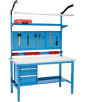Heavy Duty 72 By 36 Inch Workbench With 1 1/4 Inch Thick ESD Laminate Top And Rock Solid Blue Steel Base Featuring Quick Height Adjust Legs For A Massive Five Thousand Pound Garage Capacity, equipped with tools and storage.