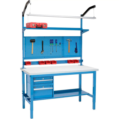 Heavy Duty 72 By 36 Inch Workbench With 1 1/4 Inch Thick ESD Laminate Top And Rock Solid Blue Steel Base Featuring Quick Height Adjust Legs For A Massive Five Thousand Pound Garage Capacity, equipped with tools and storage.