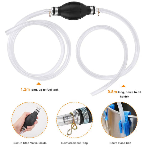 No Sweat Manual Gas Siphon Pump For Effortless Fuel And Oil Transfer With Heavy Duty Dual Pvc Hoses and Smart Check Valve showing hoses and rubber bulb.