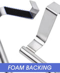 Image of Over Cabinet Towel Bar With Hooks For Bathroom And Kitchen Brushed Stainless Steel No Install Needed 9 Inch Length Non Absorbent Foam Backing Protects Cabinets Fits 20mm Door Thickness, showing foam backing.