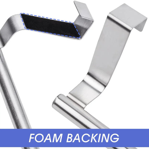 Image of Over Cabinet Towel Bar With Hooks For Bathroom And Kitchen Brushed Stainless Steel No Install Needed 9 Inch Length Non Absorbent Foam Backing Protects Cabinets Fits 20mm Door Thickness, showing foam backing.