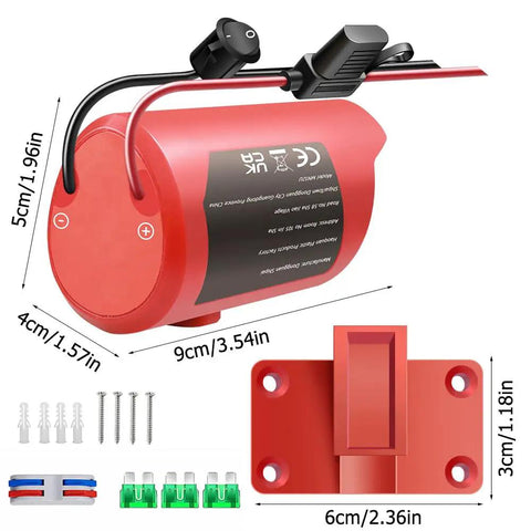 Battery Connector Conversion Kit With Switch And Fuse 12AWG Wire Terminal, dimensions and components shown
