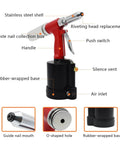 Pneumatic Rivet Gun With 90 To 120 Psi Air Power 1300 Kgf Riveting Tool Kit shown with parts labeled, including handle and base.