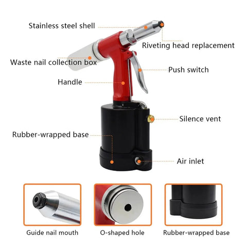 Pneumatic Rivet Gun With 90 To 120 Psi Air Power 1300 Kgf Riveting Tool Kit shown with parts labeled, including handle and base.