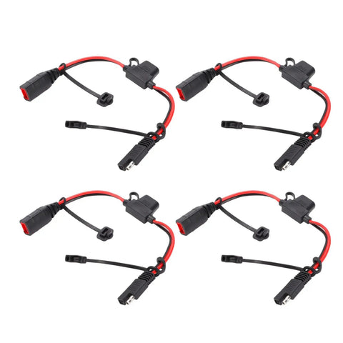 Hella Durable SAE Extension Cable For Charger One Foot 14AWG Cord With 20 Amp Rating features four connector cables with red and black wiring.
