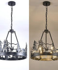 8-Light Wagon Wheel Chandelier In Black with forest silhouette detail, industrial farmhouse pendant light in vintage style.