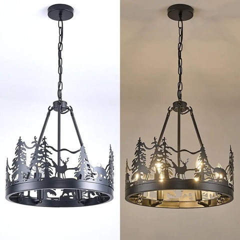 8-Light Wagon Wheel Chandelier In Black with forest silhouette detail, industrial farmhouse pendant light in vintage style.