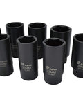 Set of eight deep CR-MO sockets, including a 12-point 39mm for Toyota and Lexus, showcasing various sizes and precision broaching.