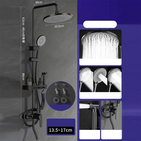 Top Shelf Bathroom Handheld Shower Set With Surface Mounted Faucet And Rust Proof 304 Stainless Steel Body Featuring Solid Copper Core three spray modes and height adjustable design on wall.