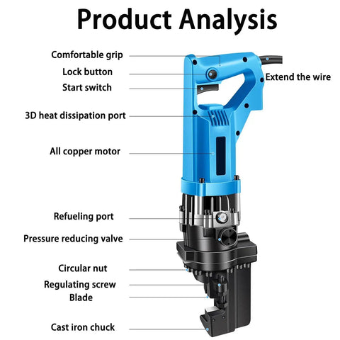 Close-up view of USZWBY Electric Hydraulic Rebar Cutter For Steel Bars 4-22mm, showing features like grip and motor.
