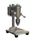 Compact Mini Drill Press For Benchtop Use Portable Clamp Holder Perfect For Jewelry Making And Small Repairs With Universal Chuck Support, silver aluminum build.