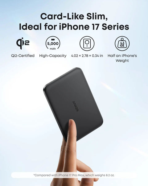 Slick Ultra Slim Magnetic Power Bank Featuring 5000mAh Capacity held in hand, showcasing card-like design for easy portability.