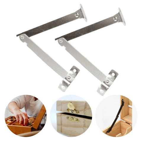 2 Pack Cabinet Lid Hinges With Lid Support Durable Folding System for jewelry and wooden boxes shown in use and installed angles