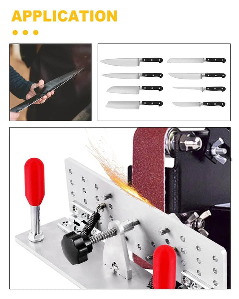 Beveling Jig For Belt Sander Knife Sharpener With A Dope 9.8 Inch Long Bevel Locator Tool, showing knife sharpening process