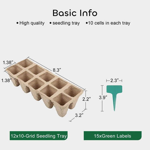 120 Cell Biodegradable Peat Pots Seed Starter Trays 12 Pack With 15 Plant Labels For Indoor Garden Germination Kit dimensions