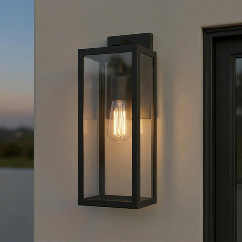 One Light Outdoor Indoor Wall Sconce Dope Matte Black Finish With Clear Glass Shade Weather Resistant Modern Exterior Lighting Mounted on Wall