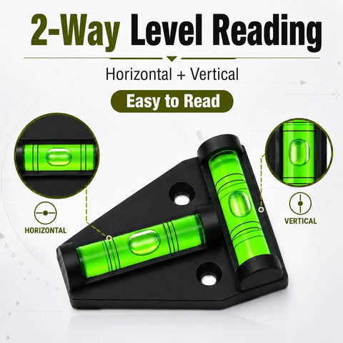 Pro Magnetic RV T Level Bubble Levels 10 Pack showing 2-way level reading, horizontal and vertical, with bright green bubbles.