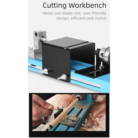 Heavy Duty 150W Mini Lathe Machine Metal Woodworking with cutting workbench for precision tasks and efficient design.
