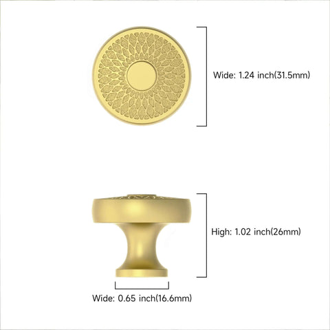 Top and side view of Beefy Heavy Duty Zinc Alloy Brushed Gold Cabinet Knob with 1.26 inch center spacing and design details