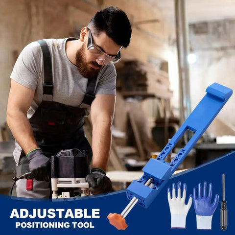 Adjustable Cutting Machine Base Guide being used with a circular saw in a workshop, includes positioning clamp and accessories.