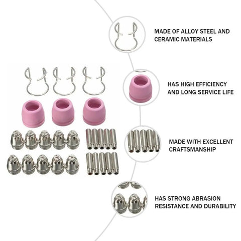 Premium Plasma Cut Torch Tips Nozzle Consumables Kit For Heavy Duty Cutting Jobs Fits Pl60 Series with pink and silver parts.