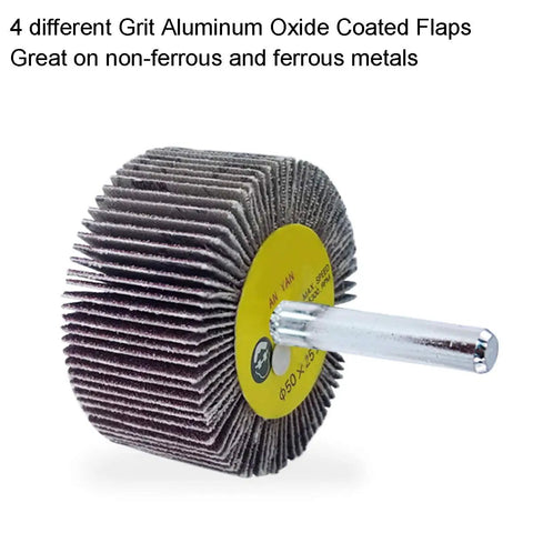 Close-up of a Flap Wheels Set Of Twelve, Two Inch By One Inch By Quarter Inch, Aluminum Oxide, Pro Grade For Rust Removal And Weld Burrs, Three Of Each Grit Forty Sixty Eighty One Twenty, Quarter Inch Shank Fits All Drills.