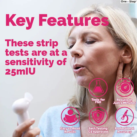 At-Home FSH Menopause Test Strips For Peri Menopausal Self Test, Five Pack Urine Kit To Check Follicle Stimulating Hormone Levels, Easy Home Fertility Screen And Ovarian Reserve Insight, woman holding strip