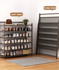 Heavy Duty 5 Tier Shoe Rack For Entryway And Closet, open and folded states showing carbon steel frame and mesh shelves.