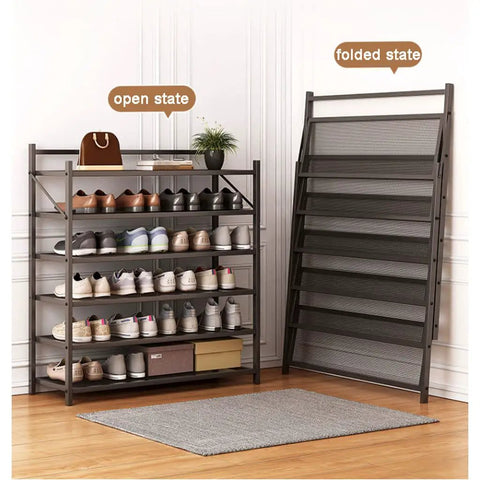 Heavy Duty 5 Tier Shoe Rack For Entryway And Closet, open and folded states showing carbon steel frame and mesh shelves.