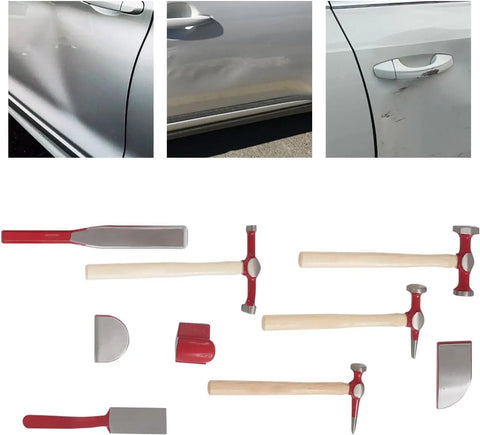 9 Piece Auto Body Repair Tool Kit With Hammer And Dolly Set For Dent Removal Includes Sheet Metal Puller And Toolbox For DIY Dent Repair And Door Dings Secure Grip And Easy Use, shown with tools and car dents.