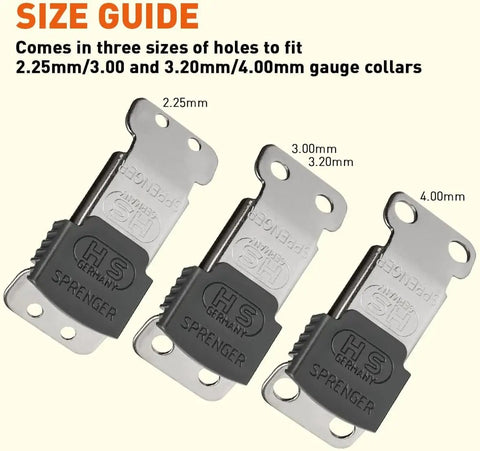 ClicLock Stainless Steel Buckle For Prong Dog Training Collar With Quick Release And Easy Buckle Built Tough, size guide shown.