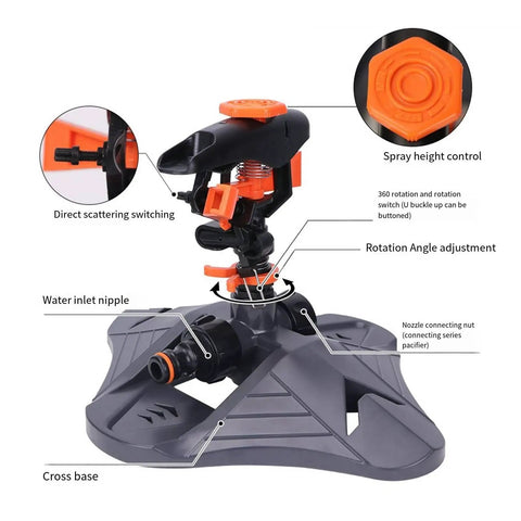 360 Degree Yard Sprinkler With Adjustable 45 To 90 Degree Spray featuring a rotating garden sprinkler head and cross base