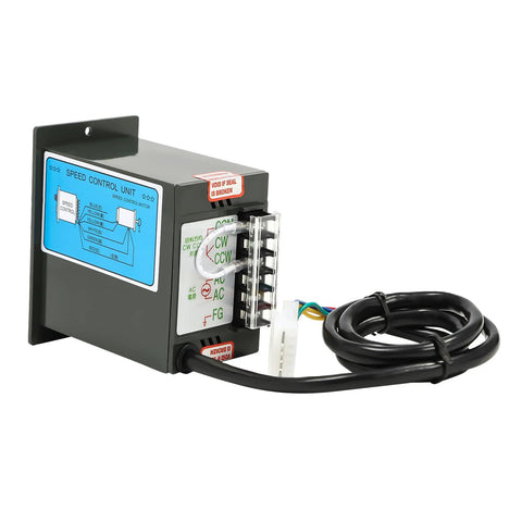 AC 110V electric motor with speed controller and worm gear reducer; grey metal housing with blue control label.
